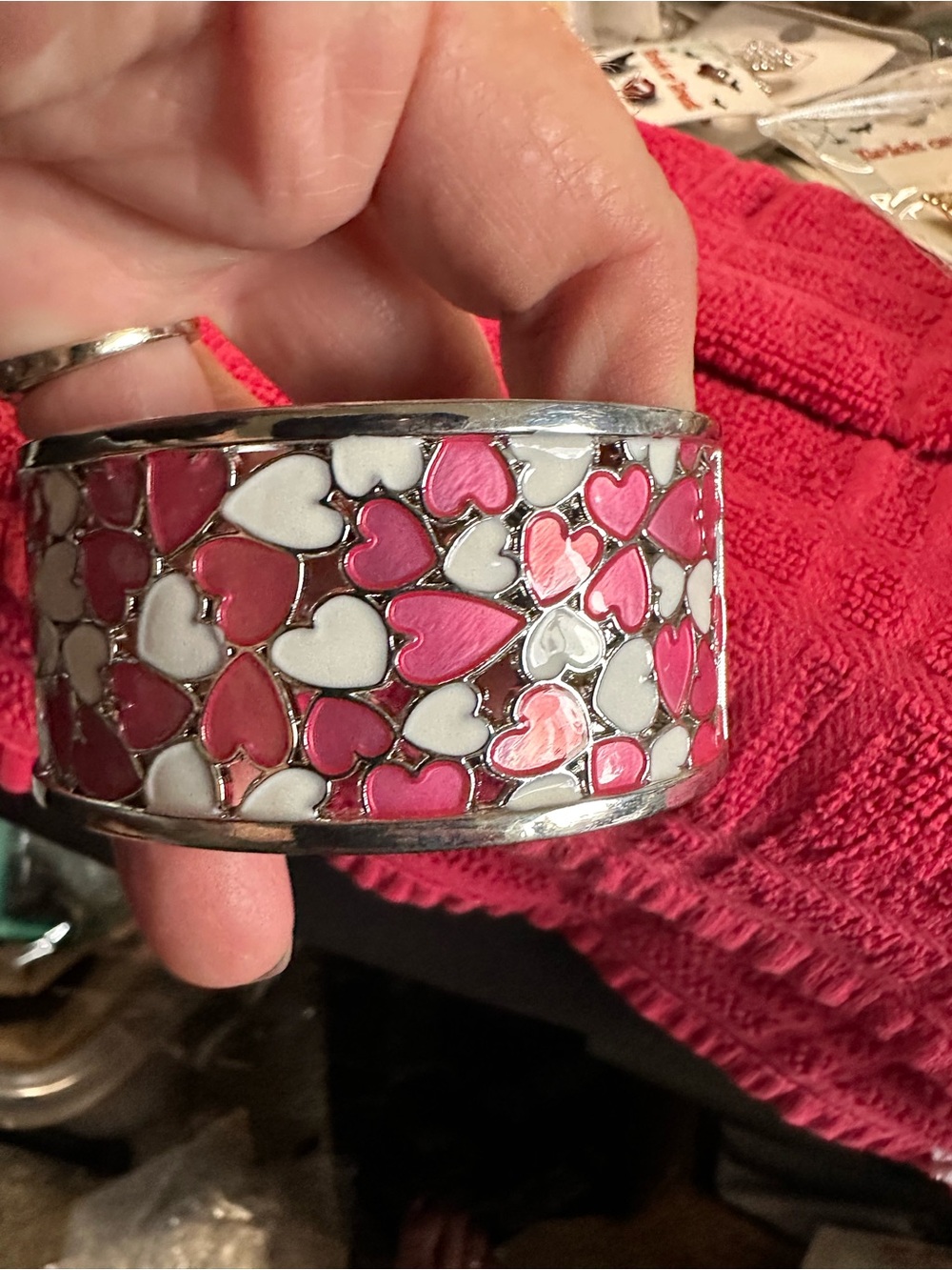 Pink & White Heart Enamel Cuff Bracelet - Charming Heart Pattern